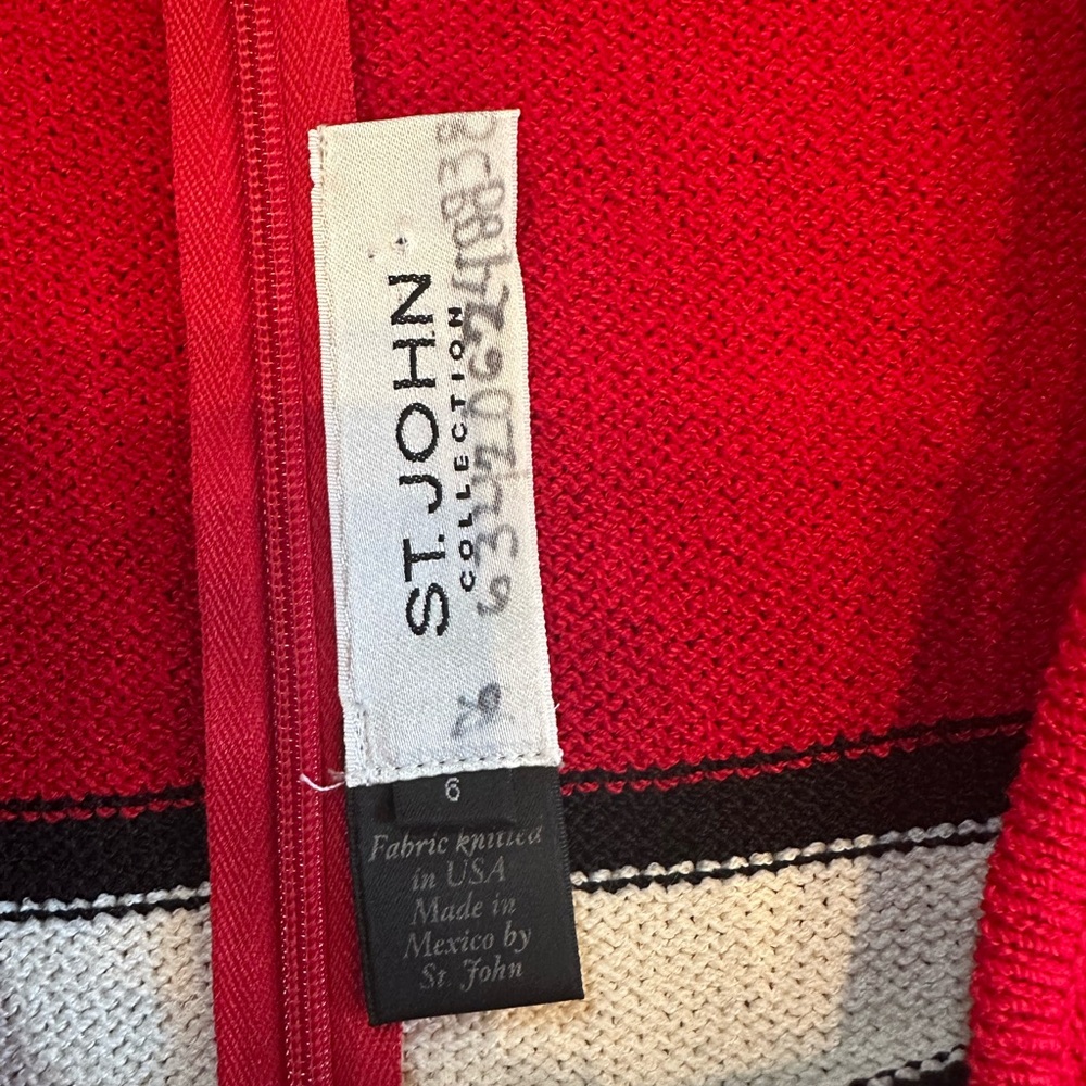 St. John Collection White Red Black Striped Santana Knit 3/4 Sleeve Dress Sz. 6 - Picture 3 of 7